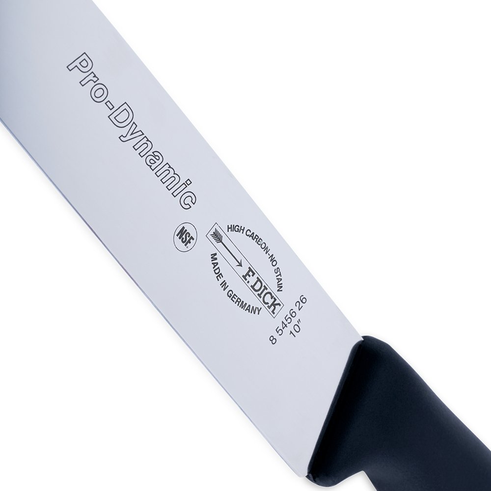Close-up of the F. Dick 10" ProDynamic slicing knife handle showing textured grip and engraved branding detail.