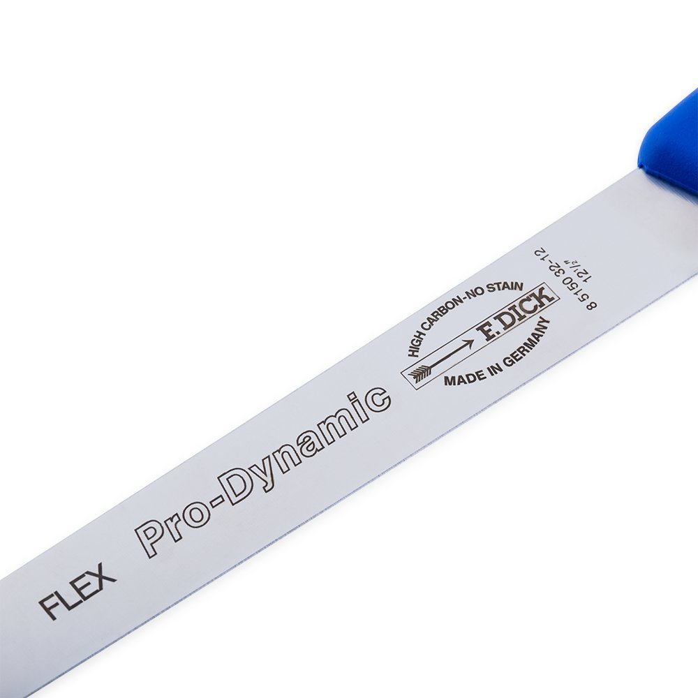 Close-up of the blue handle’s textured grip and the stainless steel blade's edge showing fine honing detail