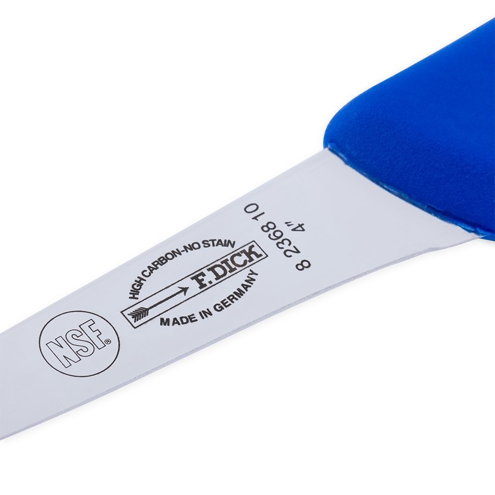 Close-up of the F. Dick 4-inch Narrow Stiff Boning Knife’s textured orange Ergogrip handle from an overhead angle