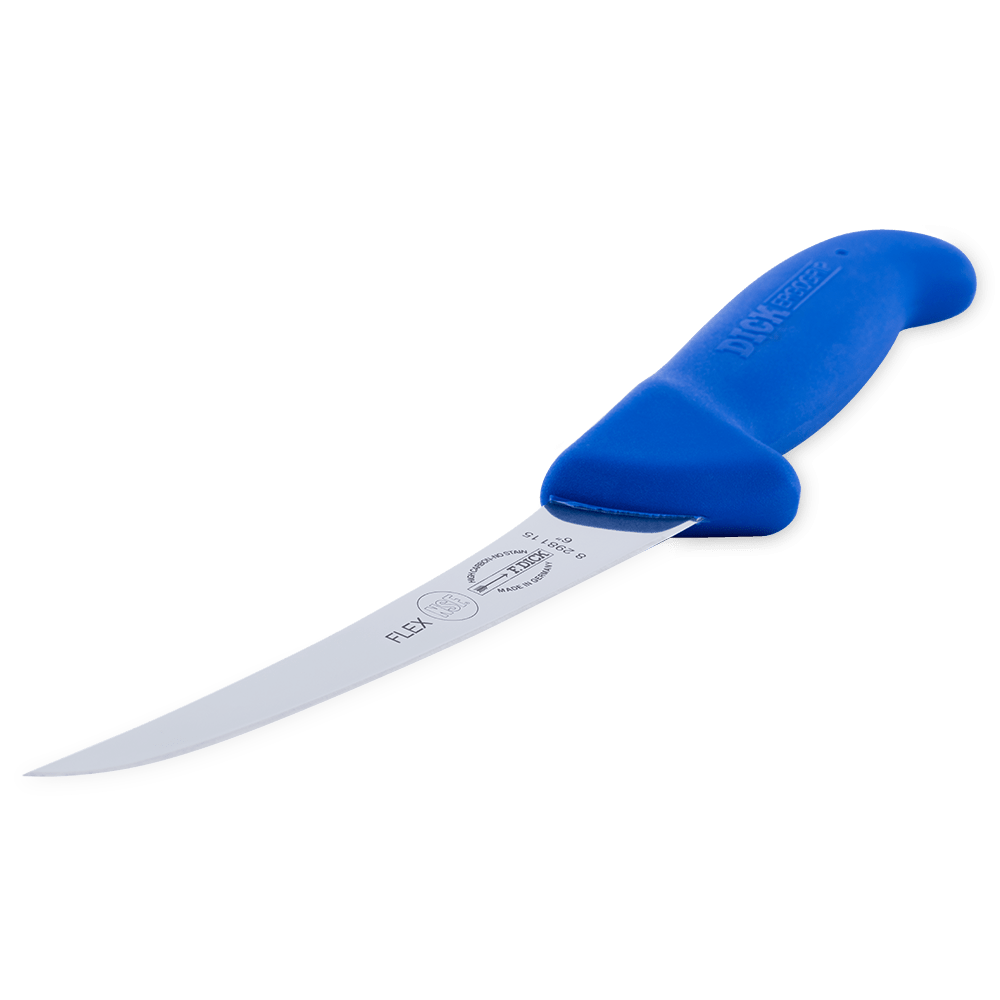 Close-up of the F. Dick Flex Boning Knife’s textured black ergonomic handle and flexible 6-inch blade from a top-down angle