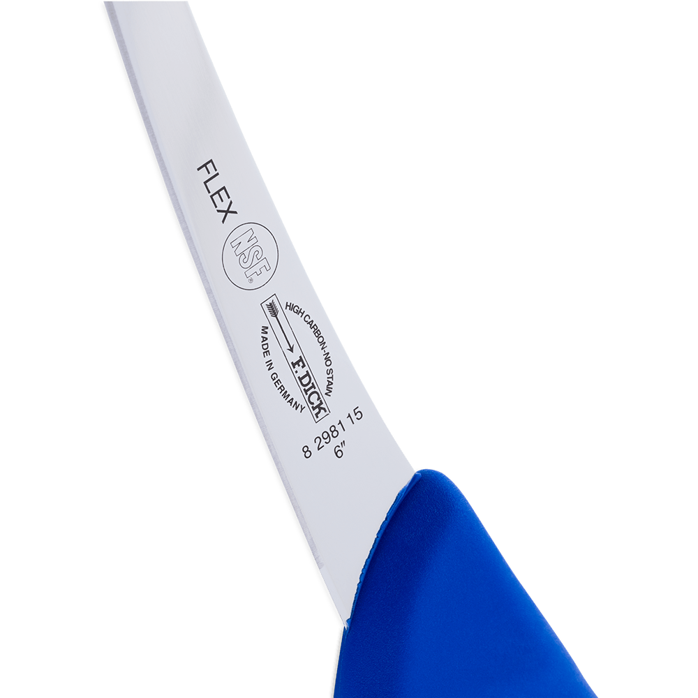 Close-up of the F. Dick 6" Flex Boning Knife’s textured orange Ergogrip handle from an angled side view, highlighting grip