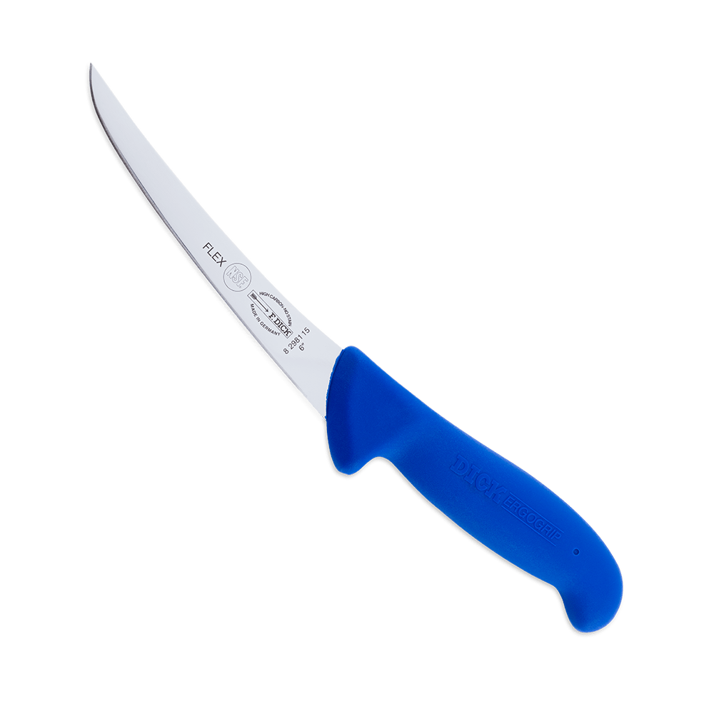 F. Dick 6-inch flexible stainless steel boning knife with black Ergogrip handle and curved blade for precise cutting