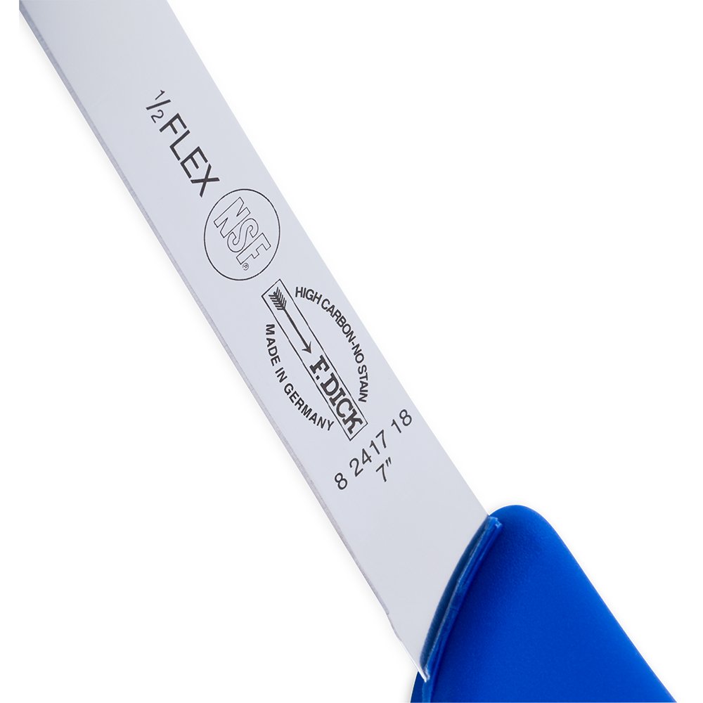 Close-up of the F. Dick Flex Fish Fillet Knife’s textured black Ergogrip handle with subtle finger grooves for secure grip