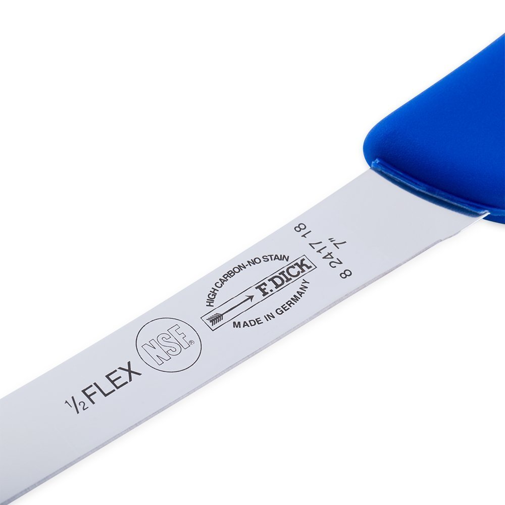 Close-up of the F. Dick 7" Flex Fish Fillet Knife's beveled edge and flexible blade texture from an overhead angle