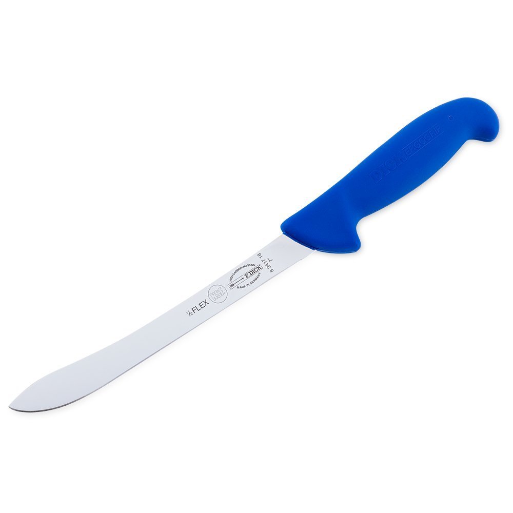 Close-up of the F. Dick 7" Flex Fish Fillet Knife's textured ergonomic handle showing deep grip contours and orange color