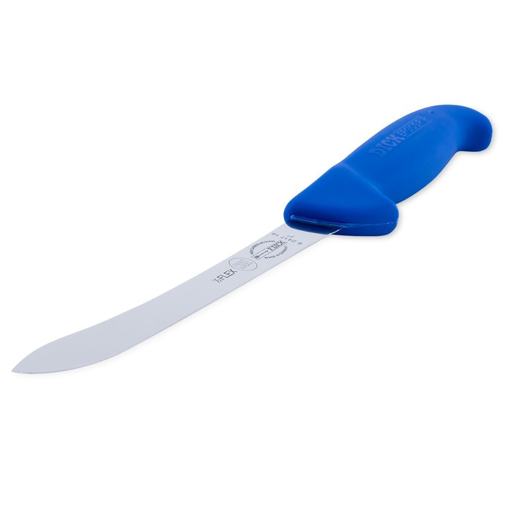 Close-up of the F. Dick Flex Fish Fillet Knife's textured ergonomic handle showcasing its non-slip grip and vibrant green