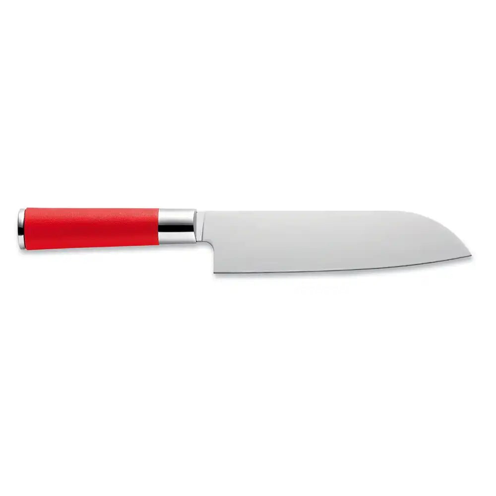 Close-up of the 7-inch red wooden handle with textured grip, showcasing the seamless connection to the stainless steel blade.