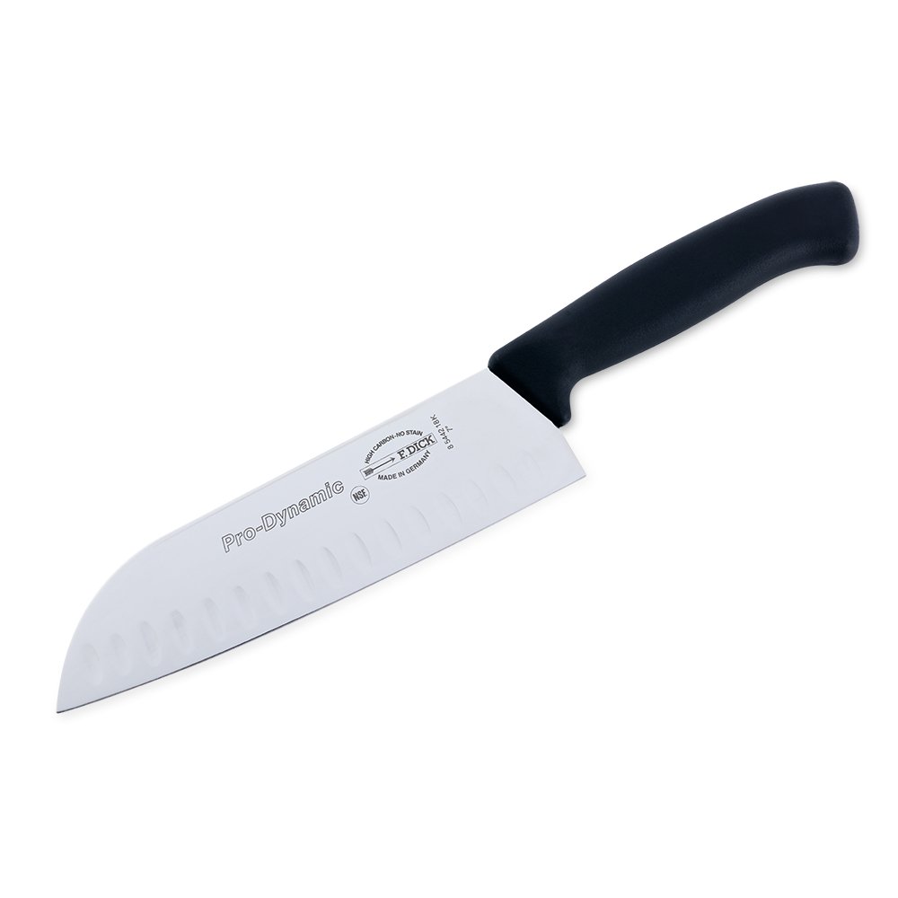 Close-up of the F. Dick Santoku's blade showing textured kullenschiff grooves and polished finish from an overhead angle