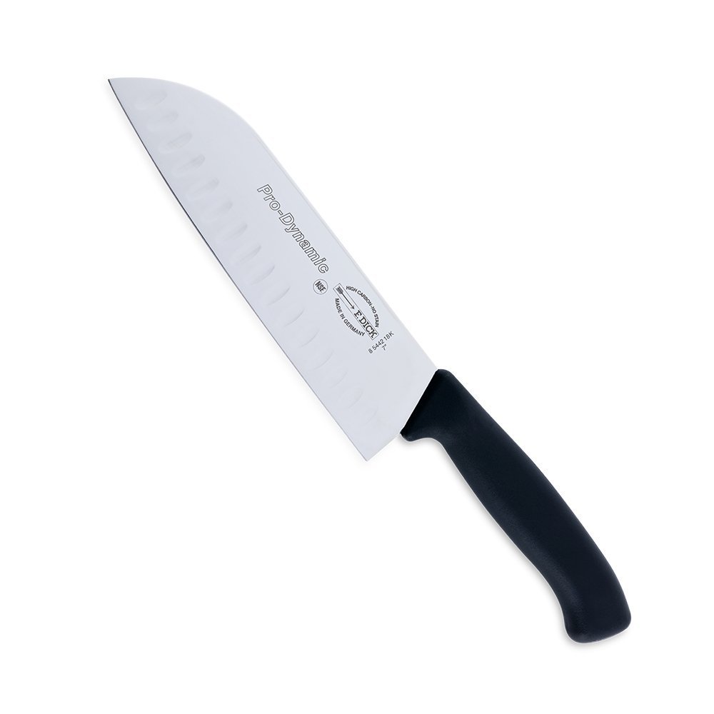 F. Dick 7-inch stainless steel Santoku Kullenschiff knife with textured blade and black ergonomic handle