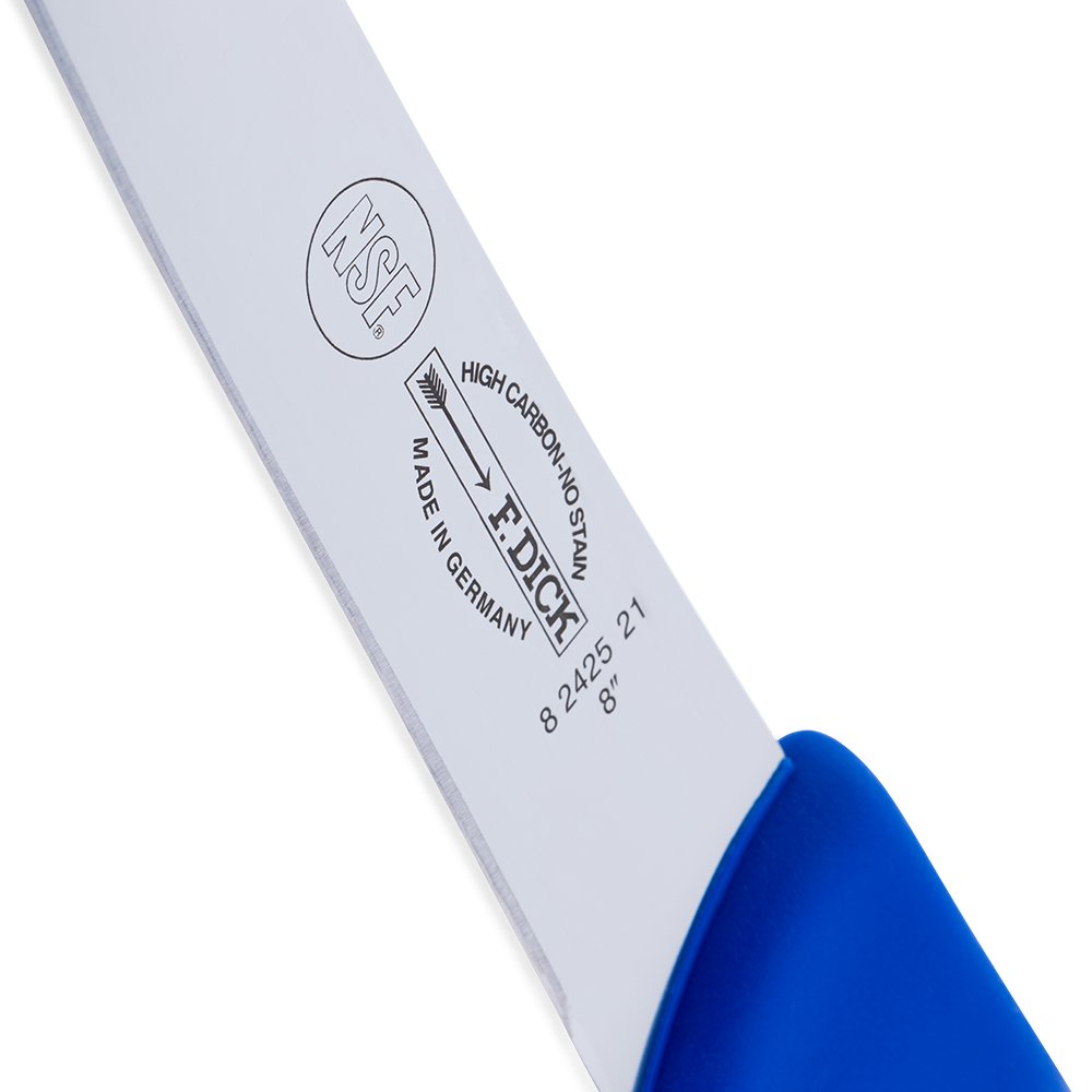 Close-up of the F. Dick 8" Breaking Knife handle's textured Ergogrip surface and engraved branding at the tang junction.