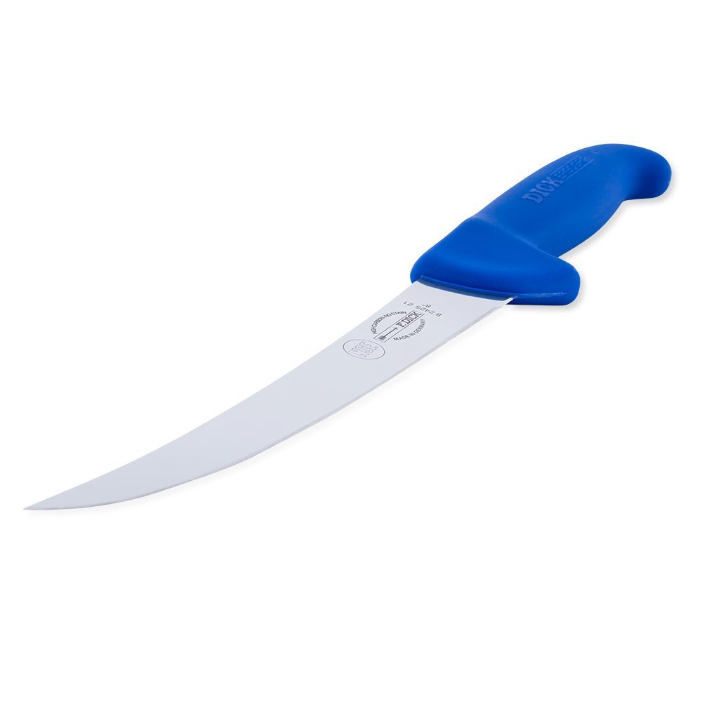 Close-up of the F. Dick 8" Breaking Knife's textured Ergogrip handle showing orange rubberized surface and ergonomic