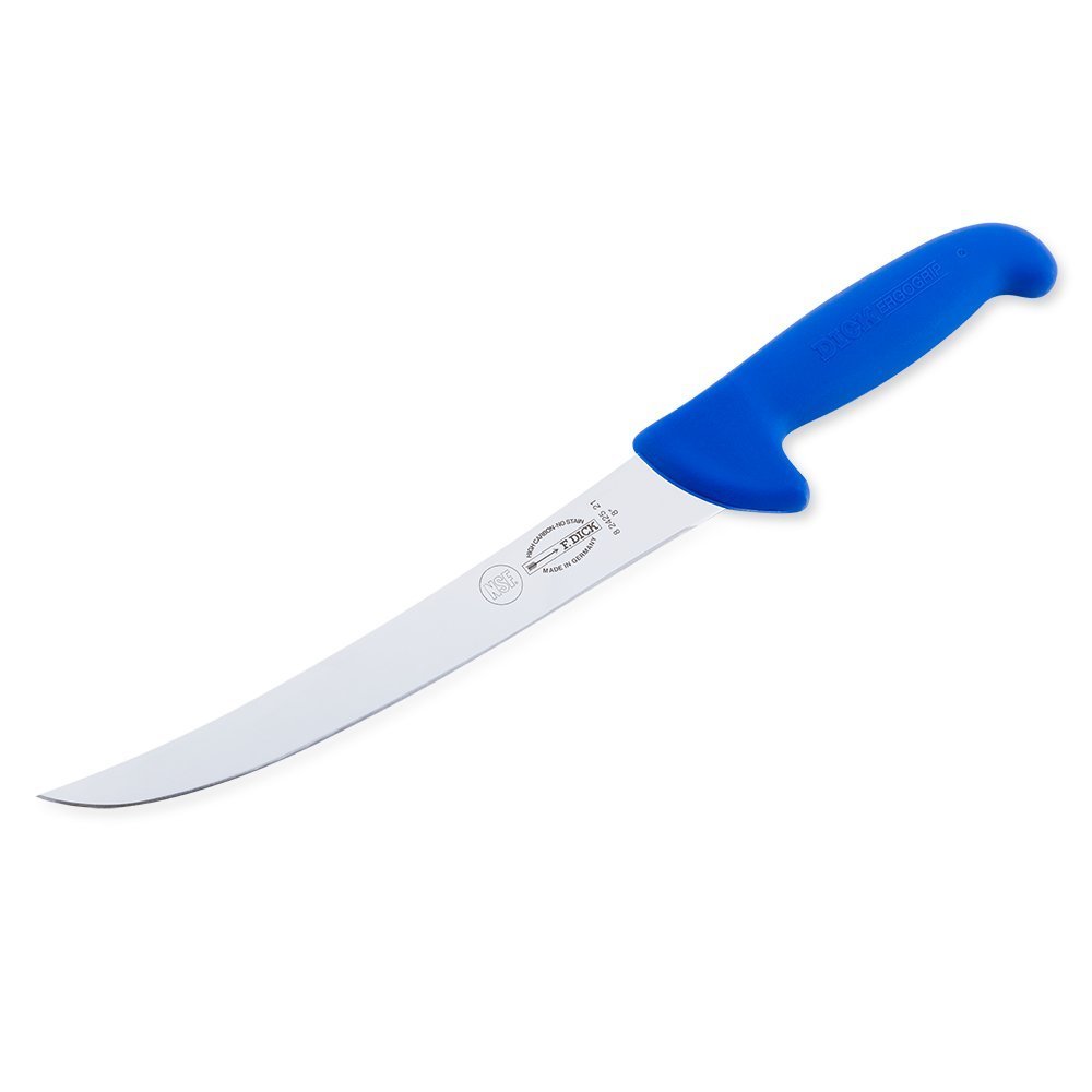 Close-up of the F. Dick 8" Breaking Knife Ergogrip handle showing textured orange rubber grip and blade edge detail