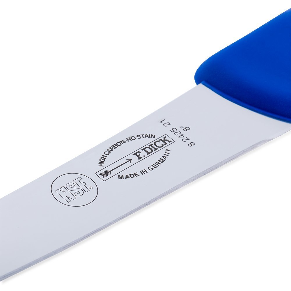 Close-up of the F. Dick 8" Breaking Knife's textured black Ergogrip handle showing ergonomic design and slip-resistant