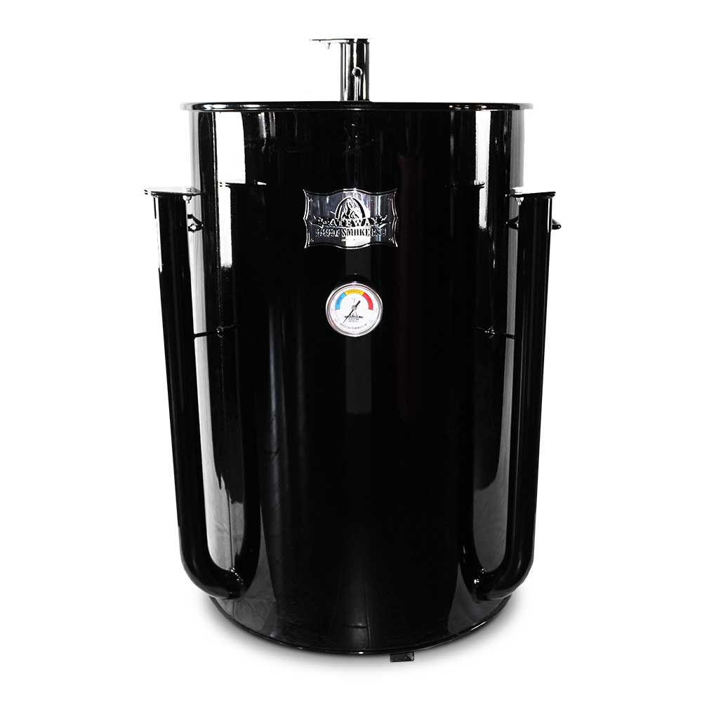 Close-up of the Gateway Drum Smoker’s engraved logo plate on lid with textured matte black finish