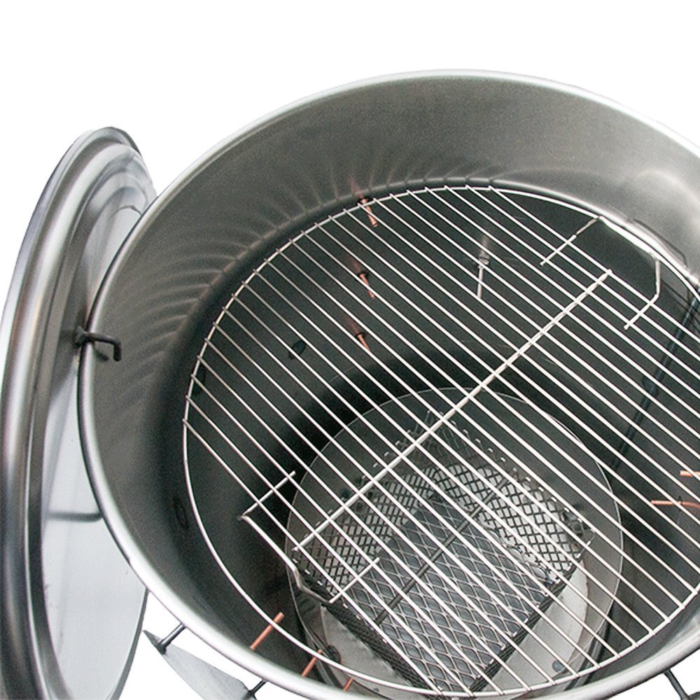 Close-up of the Gateway Drum Smoker's textured black metal surface and engraved logo plate at the front corner detail
