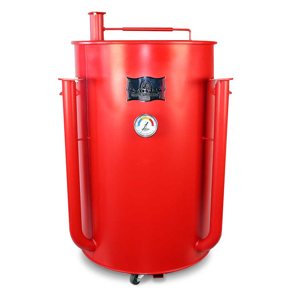 Close-up of the Gateway Drum Smoker’s textured stainless steel surface with visible welds and seamless cylindrical body