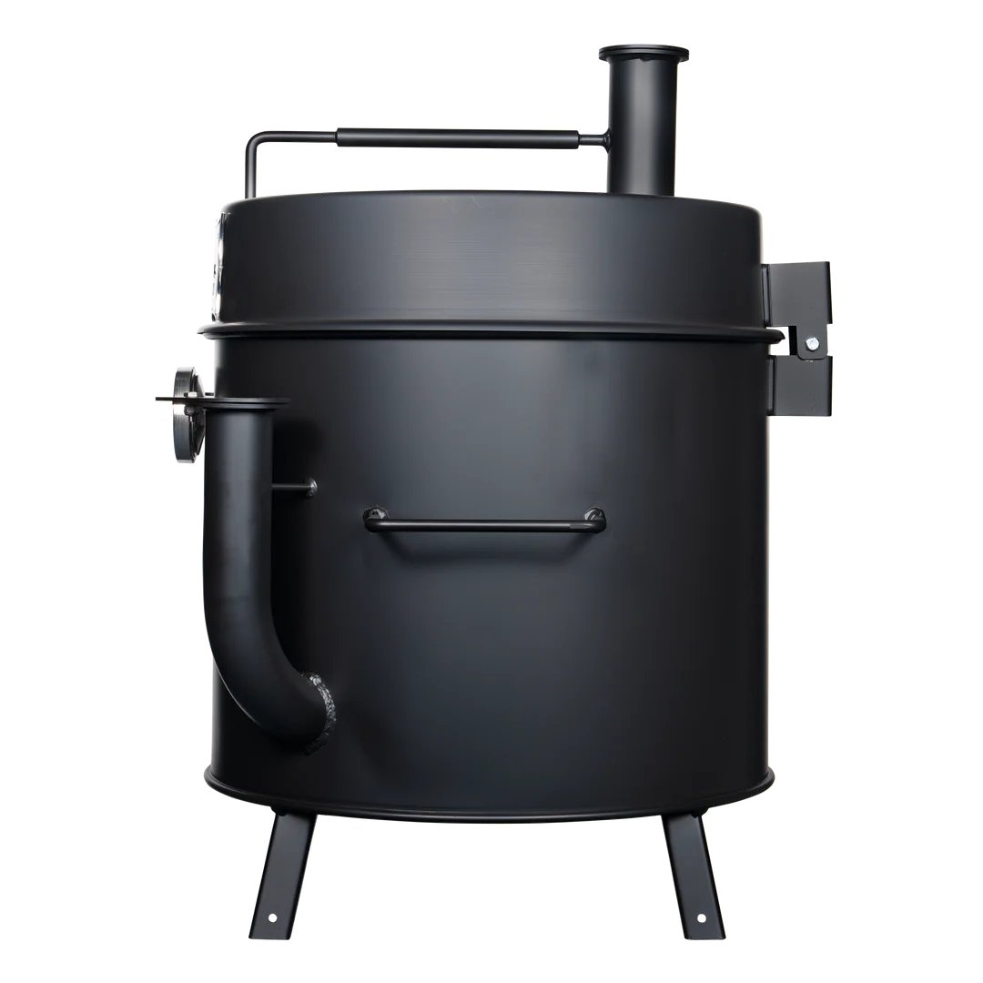 Close-up of the Gateway Mini Go2 Drum Smoker's textured stainless steel lid handle with visible rivets and matte finish