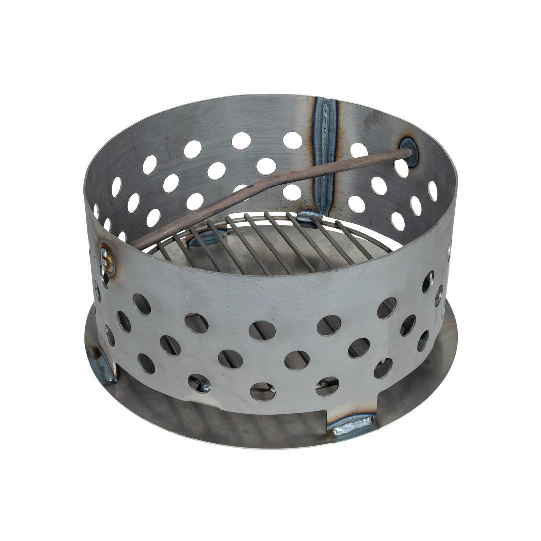 Close-up of the Gateway Mini Go2 Drum Smoker's textured stainless steel lid latch with engraved logo and sturdy handle