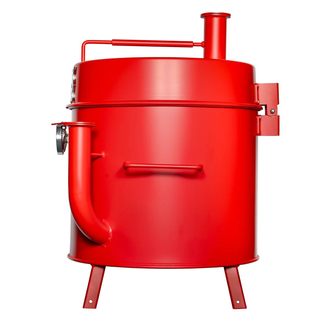 Close-up of the Gateway Mini Go2 Drum Smoker's textured black stainless steel lid handle against the orange exterior surface.