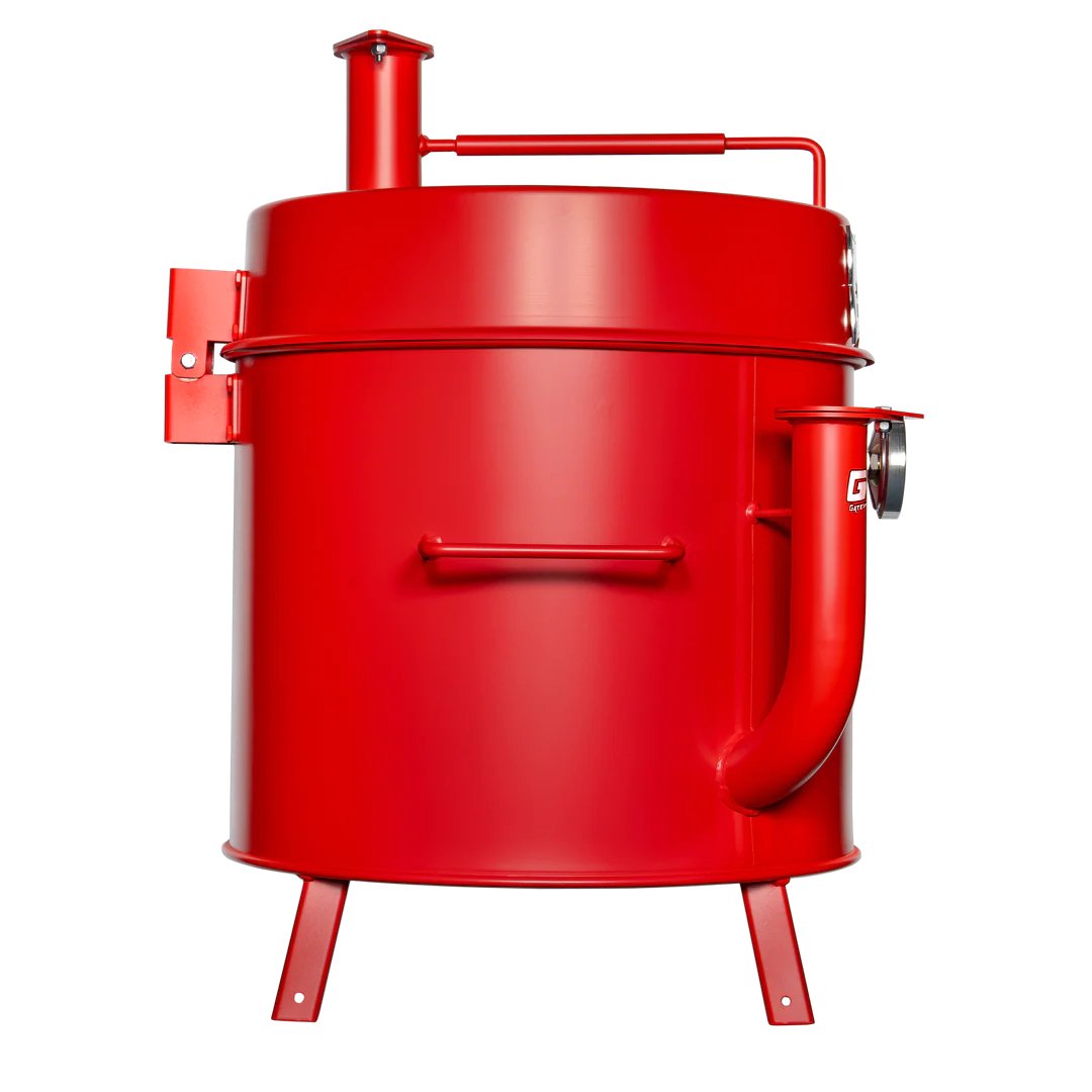 Close-up of stainless steel lid handle and textured surface on Gateway Mini Go2 Drum Smoker & Grill from a top-front angle