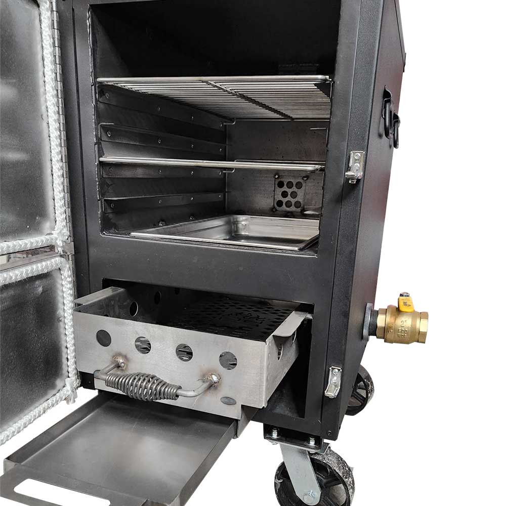 Close-up of the Humphrey's BBQ Smokers The Weekender GEN23 control panel with silver knobs and temperature gauge detail