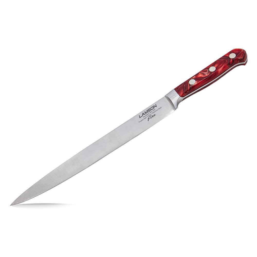 Lamson 10-inch Fire Series slicing knife with stainless steel blade and textured orange handle