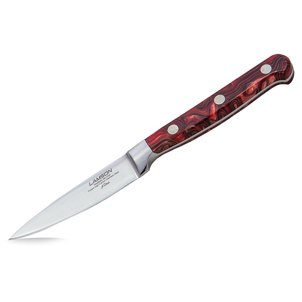 Lamson Fire Series 3-inch stainless steel boning/trimming knife with fiery orange handle and textured grip