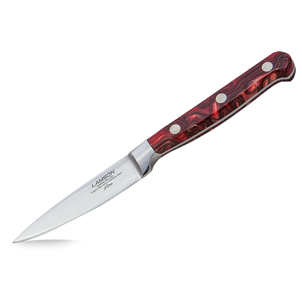 Lamson 3.5-inch fire-colored paring knife with stainless steel blade and textured handle