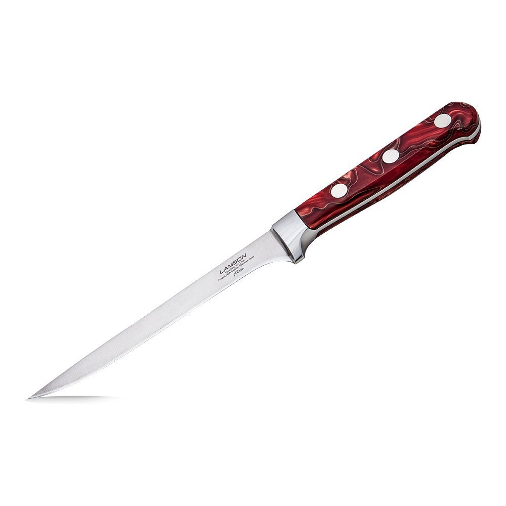 Lamson 6-inch fire series fillet/boning knife with curved stainless steel blade and textured black fiberglass handle
