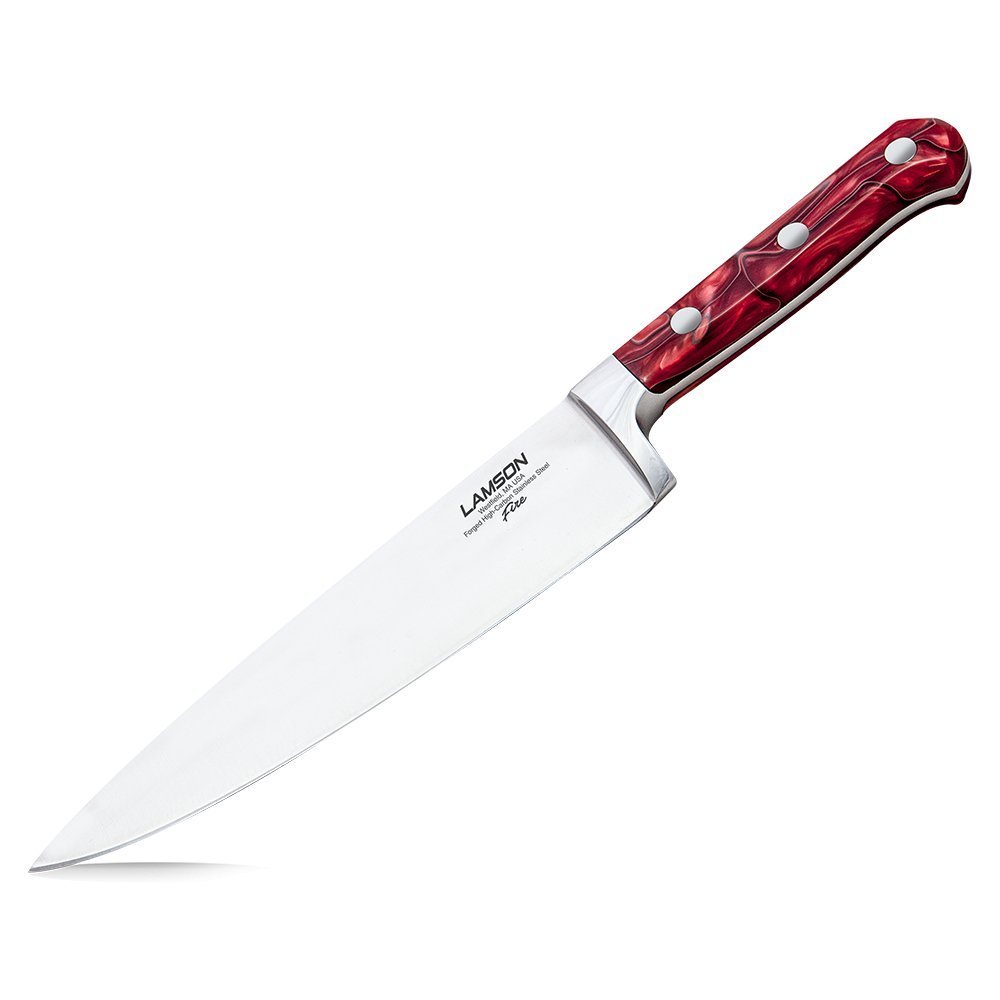 Lamson 8-inch chef's knife with fiery orange and black patterned laminated steel blade and textured black pakkawood handle