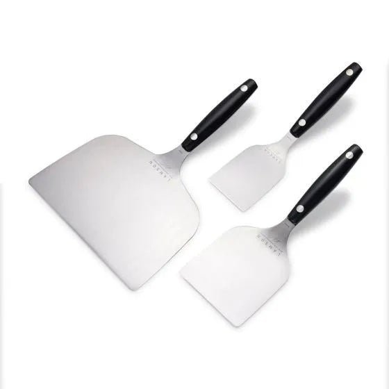 Close-up of black silicone-coated spatula tip with engraved Lamson Brad Leone signature logo and textured handle detail