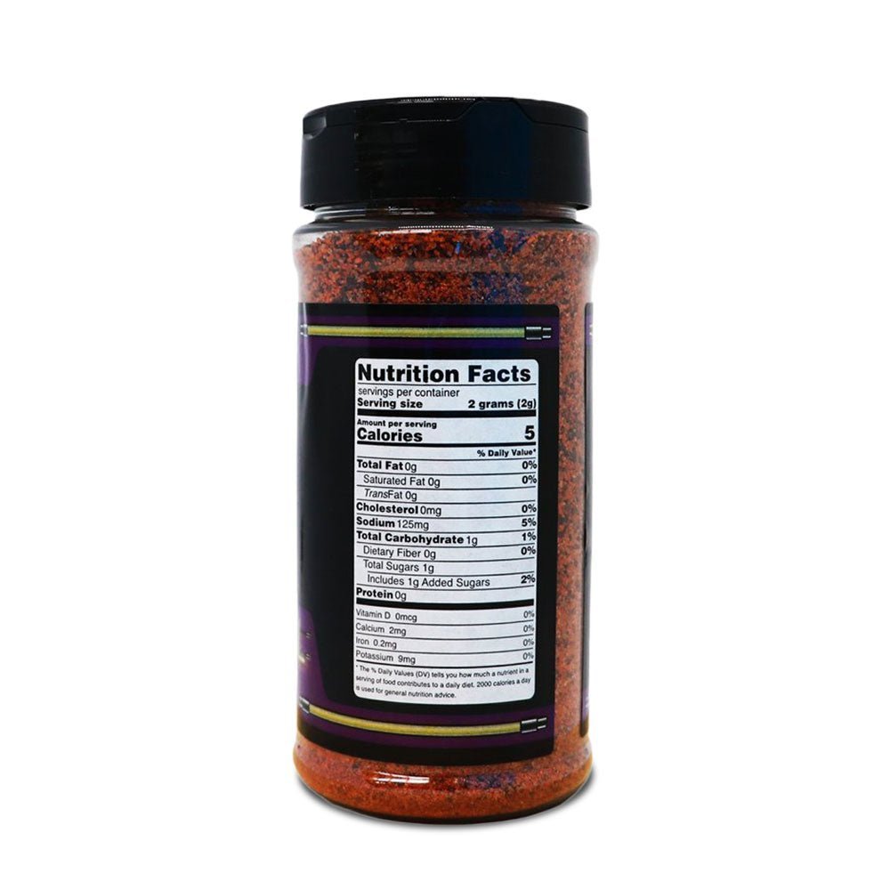 Close-up of the 14oz LC BBQ Last Call Dry Rub jar highlighting the detailed ingredient list on the back label