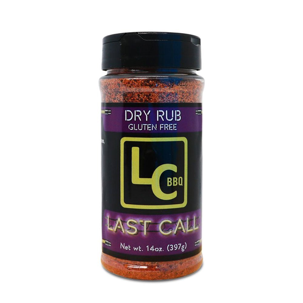 LC BBQ Last Call Dry Rub 14oz jar with grass-fed beef, pork, and poultry seasoning blend for flavorful grilling