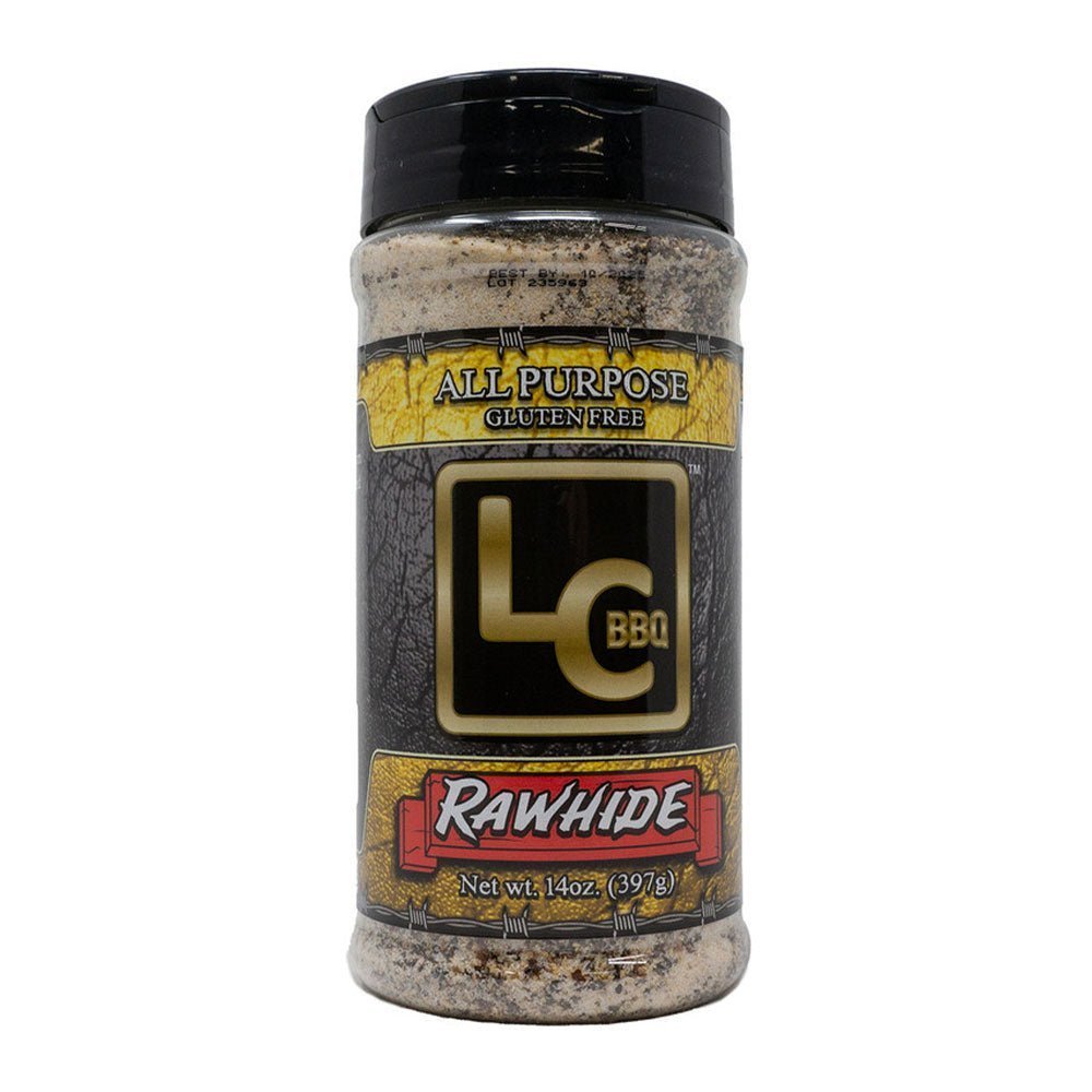 LC BBQ Rawhide All Purpose Rub 14oz container with natural spices for beef, pork, poultry, seafood, vegetables, and wild game