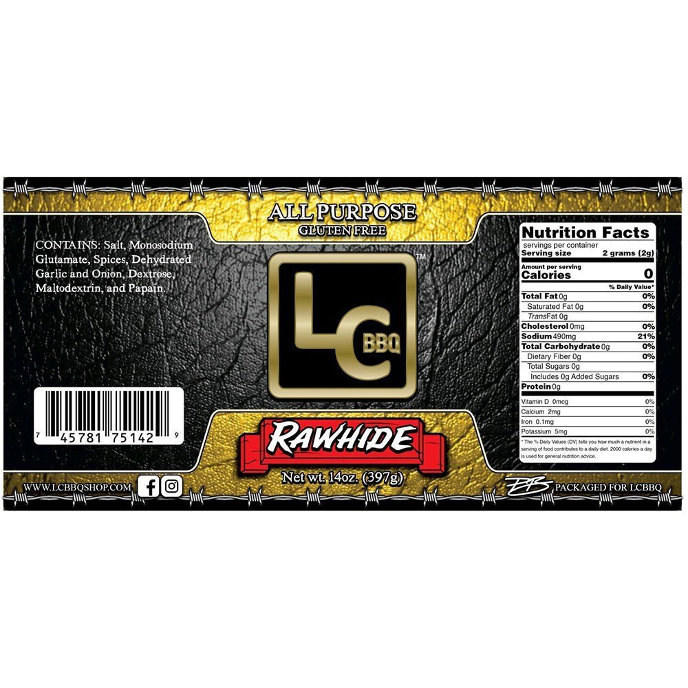 Close-up of LC BBQ Rawhide All Purpose Rub jar lid showing textured surface and clear label details