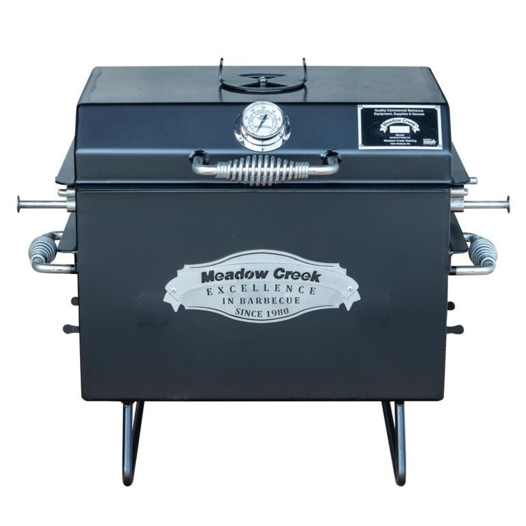 Meadow Creek BBQ18 Chicken Cooker in black coated steel with adjustable smoking chamber and side vent handles