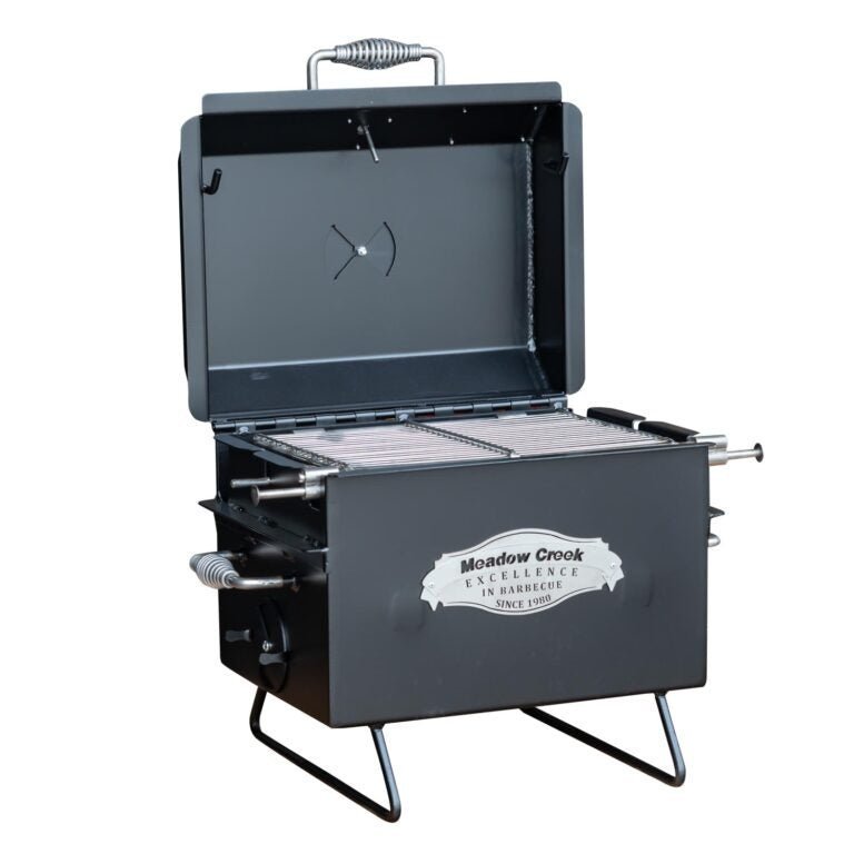 Close-up of the Meadow Creek BBQ18 Chicken Cooker’s stainless steel side handle with textured grip, showcasing durable