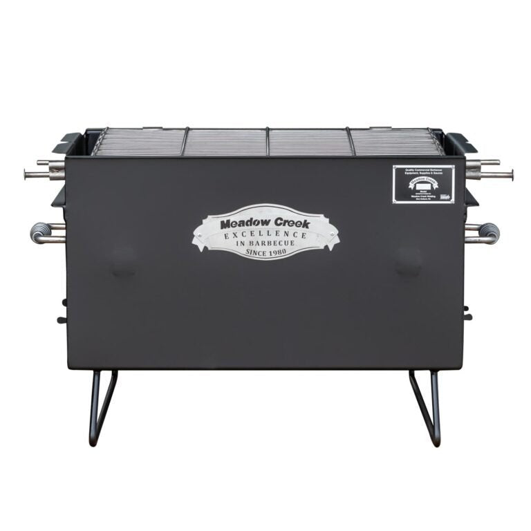 Meadow Creek BBQ26 chicken cooker made of black painted steel with multiple round cooking chambers and hanging hooks