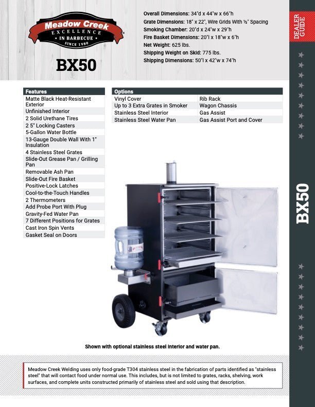 Close-up of the Meadow Creek BX50 Cabinet Smoker’s temperature gauge and silver control panel with textured surface and