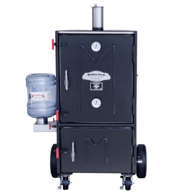 Meadow Creek BX50 Cabinet Smoker with black painted steel body, wooden handle, and front-mounted temperature gauge