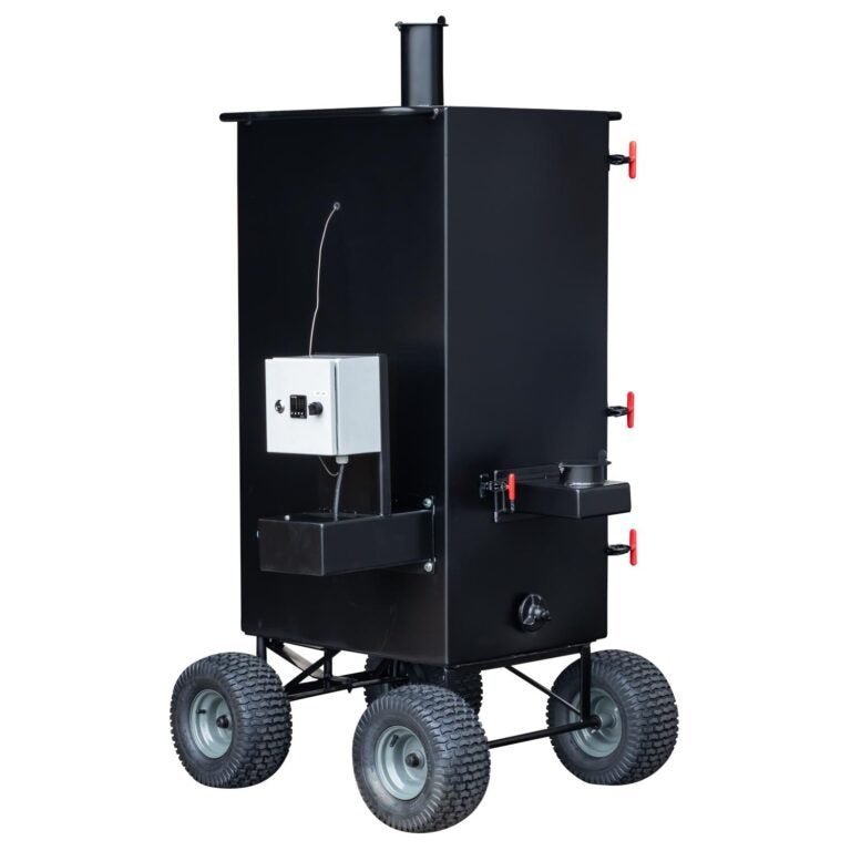 Close-up of the Meadow Creek BX50 Cabinet Smoker's stainless steel door latch and textured surface detail