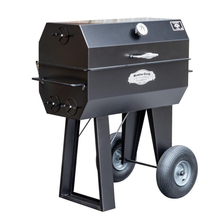Close-up of the heavy-duty stainless steel door latch with textured grip on Meadow Creek PR36 Pig Roaster, showcasing