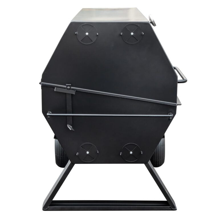 Close-up of the durable stainless steel burner assembly with control knob and vent holes on the Meadow Creek PR60 Pig Roaster