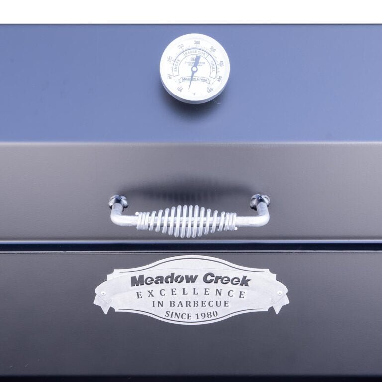 Close-up of the matte black thermometer mounted on the smoked steel lid with textured surface and brass dial detail.
