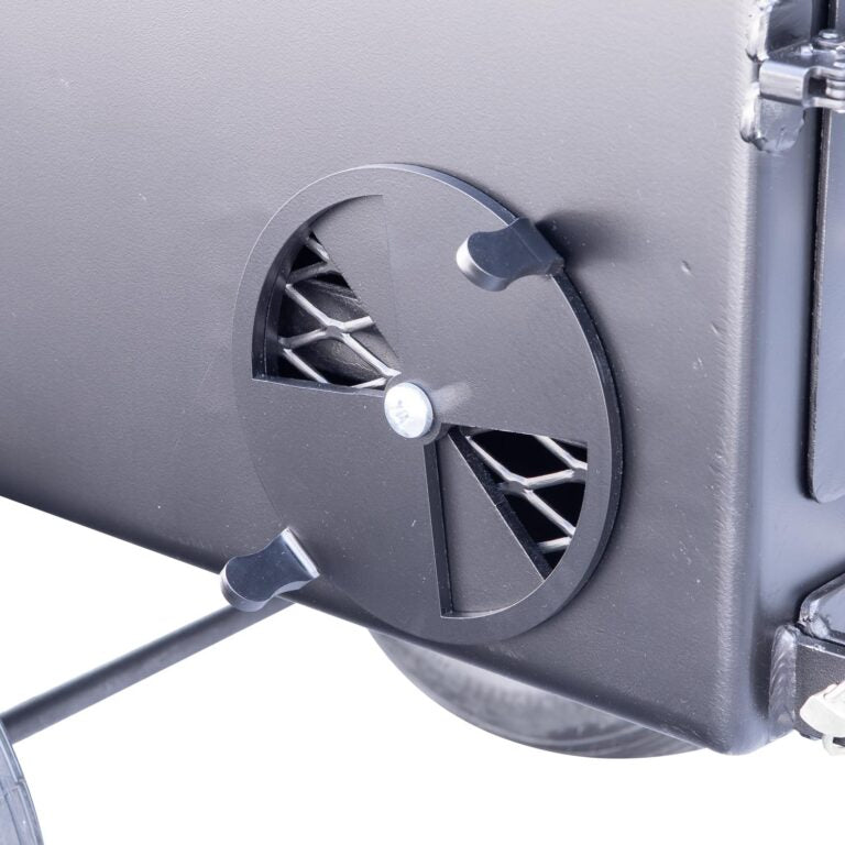 Close-up of the Meadow Creek SQ36 smoker’s sturdy steel latch with textured handle and silver finish, securing the smoking