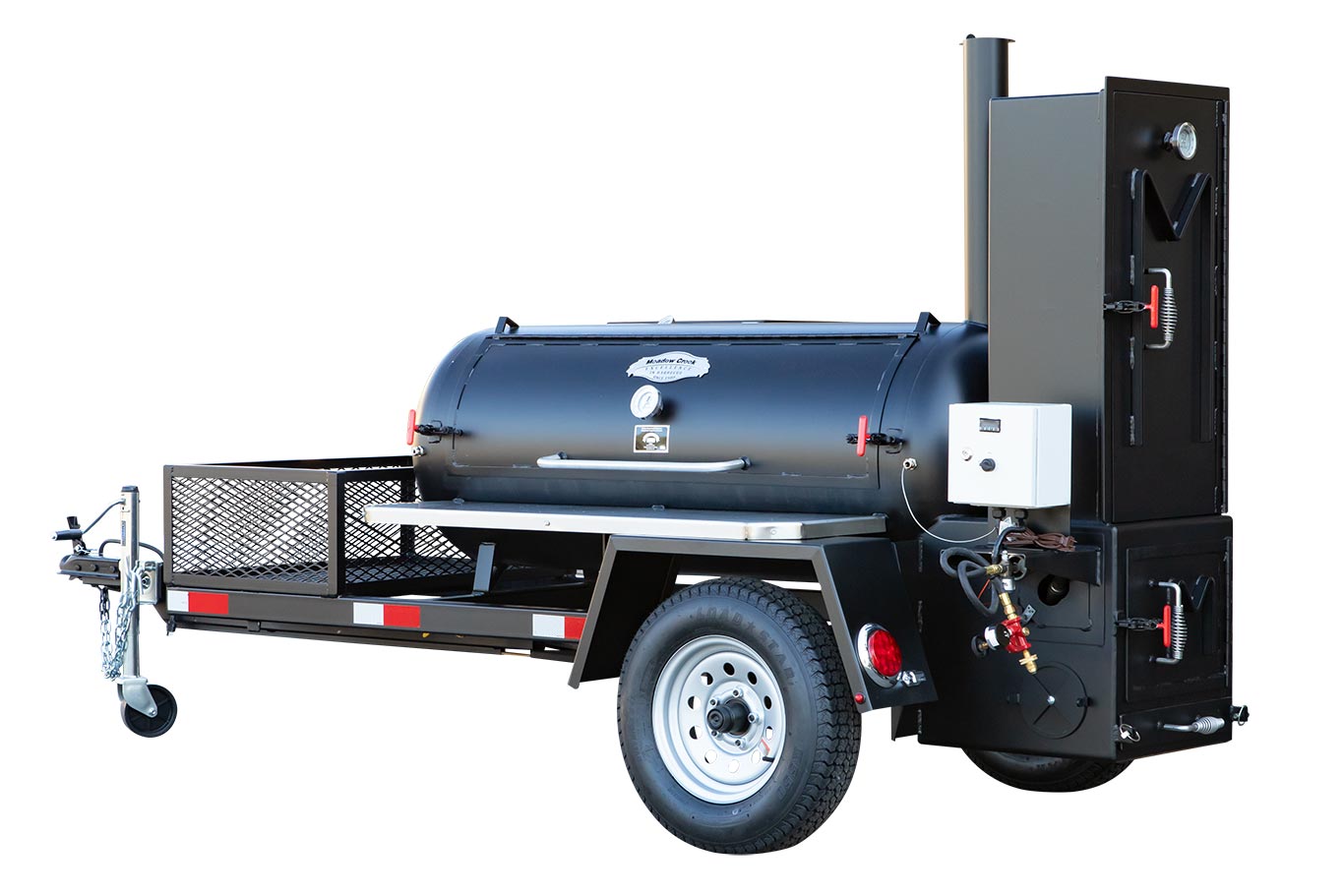 View of the Meadow Creek TS120 smoker’s black steel lid handle and textured surface with visible rivets from a slight