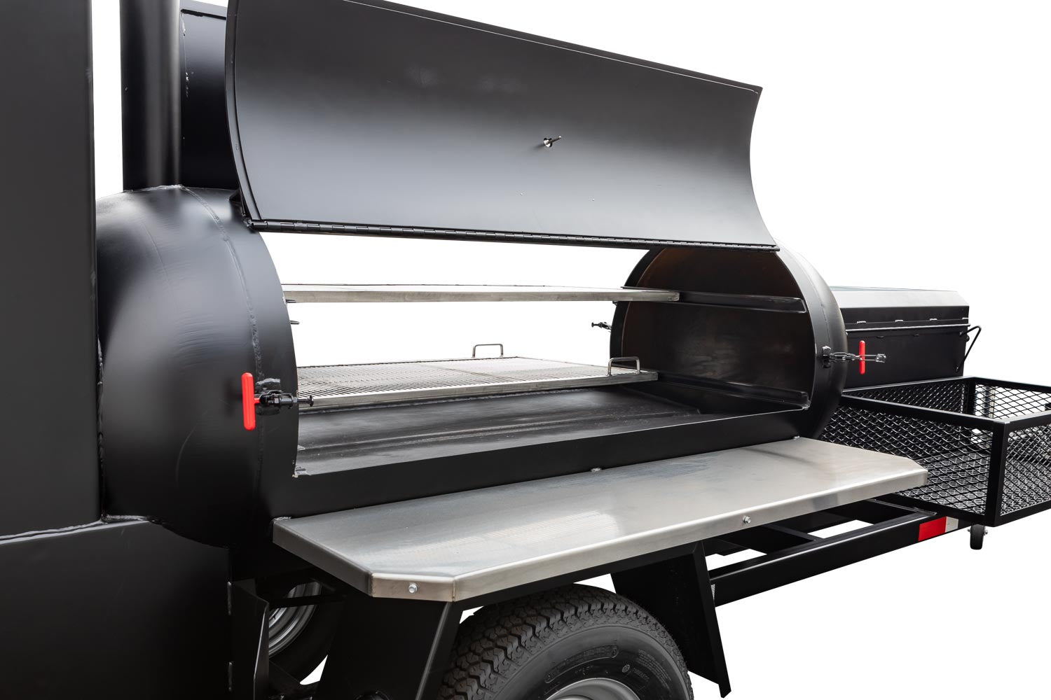 Close-up of chrome-plated latch and latch housing on Meadow Creek TS120 offset smoker trailer side panel