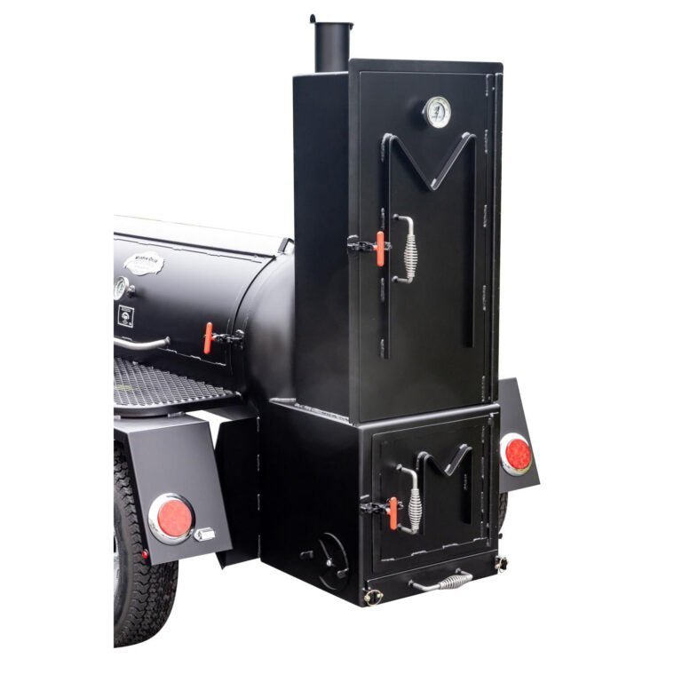 Close-up of the TS120 smoker’s textured black steel exterior with ventilation latch detail and matte finish from a