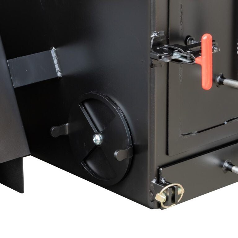 Close-up of the black metal lid latch and textured surface on the Meadow Creek TS120P Offset BBQ Smoker, highlighting