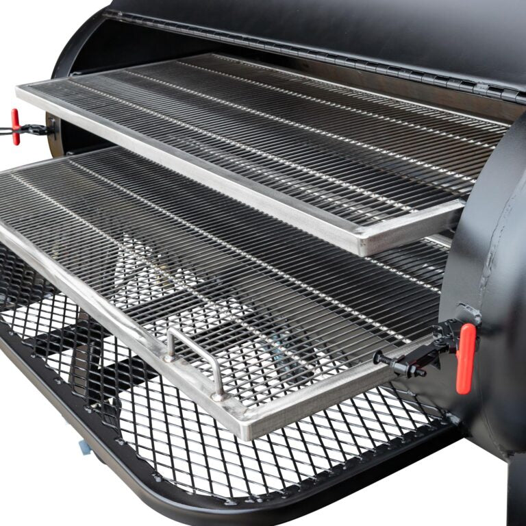 Close-up of the black steel lid latch and textured surface on the Meadow Creek TS120P Offset BBQ Smoker from an overhead